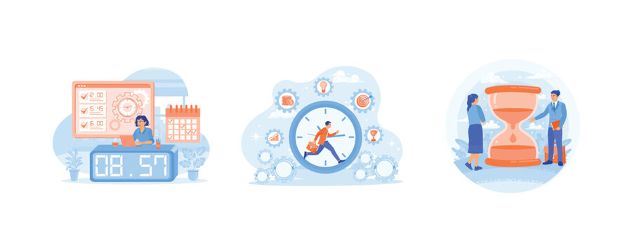 People plan and organize work time. Effective time management. Manage time and work in a balanced manner. Time Management concept. Set flat vector illustration.
