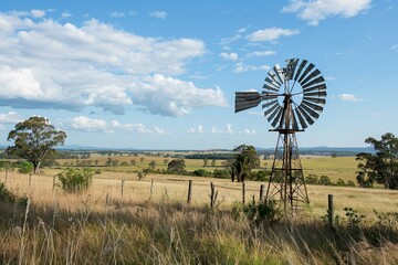 Traditional wooden windmill standing tall in a rural landscape.