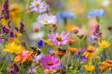 A bee pollinating colorful wildflowers in a meadow. - obrazy, fototapety, plakaty