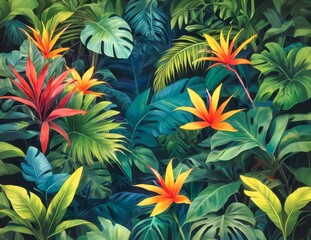 tropical bright leaves with a few orange flowers
