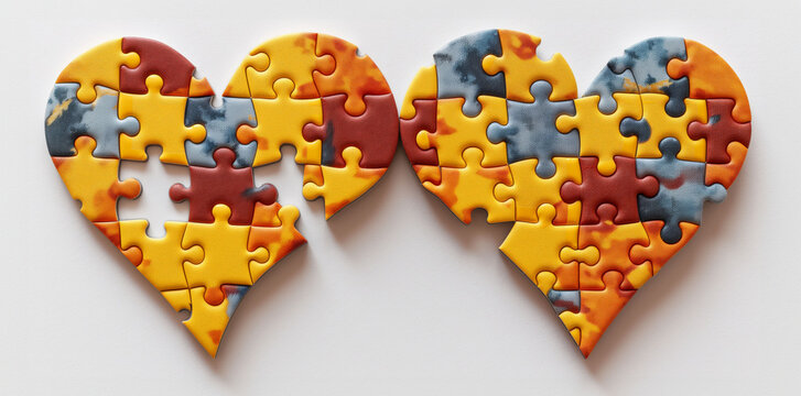 Two heart-shaped puzzles in warm tones, symbolizing love and connection.