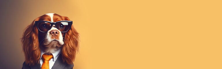 Dog in tie and glasses, suit and tie at work. Banner Copy space. Orange background Banner