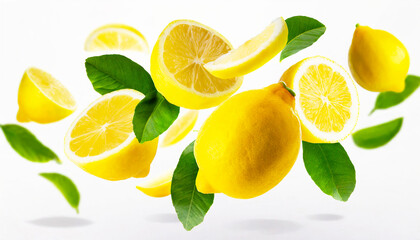 lemons with half slices lemon falling or flying in the air with green leaves isolated on white background. Generative AI.