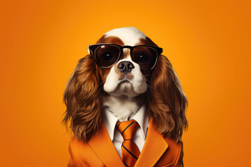 Dog in  bowtie and glasses, suit and tie at work. Banner Copy space. Orange background - obrazy, fototapety, plakaty