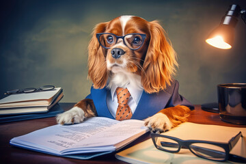 Business animal dog in sunglasses, suit and tie at work is working at computer laptop in office