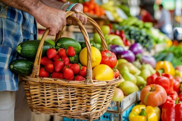 Farmers bring a basket of fruits and vegetables to a farmer's market stall full of fresh fruits and vegetables.