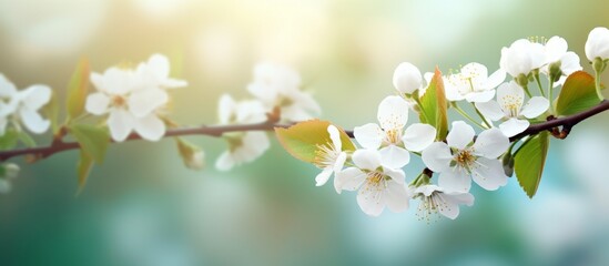 A close up of a tree branch with white flowers and green leaves, showcasing the delicate petals and...
