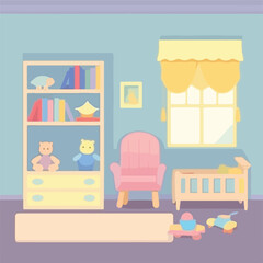 Baby room interior. Flat design. Baby room with a w