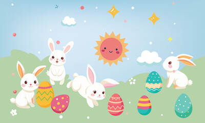 Easter Egg Delight: A vibrant spring scene with colorful eggs nestled in grass and a basket, surrounded by flowers and a cheerful bunny