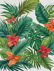 tropical bright leaves in green and orange on white background