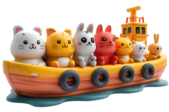 Adorable 3D cartoon illustration of cute animal characters boarding a ferry.