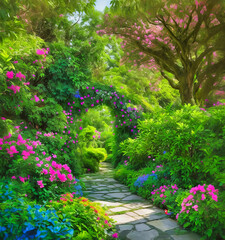 A bright decorative garden with a pathway