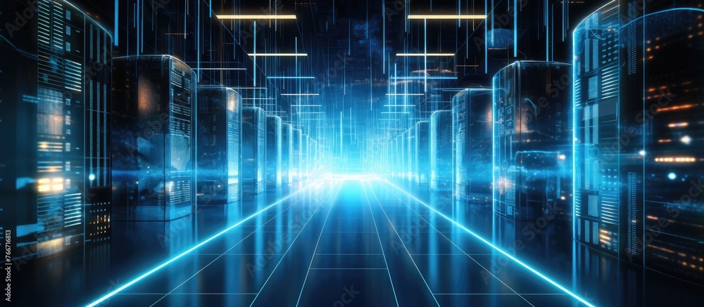 Poster a row of servers in a data center emit an electric blue light from the ceiling, creating a symmetric