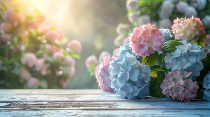 Foto auf Leinwand Simple display scene with hydrangeas flower and green garden background on wooden table, , natural, wabi sabi style, for presentation, product display, background and poster promote © Wipada