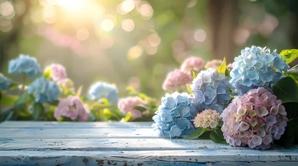 Foto op Aluminium Simple display scene with hydrangeas flower and green garden background on wooden table, , natural, wabi sabi style, for presentation, product display, background and poster promote © Wipada
