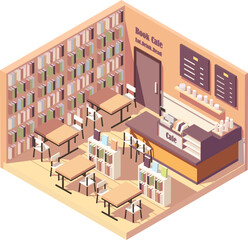 isometric interior of bookstore or library cafe