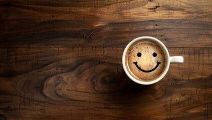 Hot chocolate, a happy hot chocolate, coffee, expresso in a white cup with a smiley face on a rustic wood background a good morning start to the day