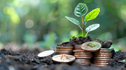 A plant is growing on top of a pile of coins. The coins are arranged in a pyramid shape, with the largest coin at the bottom and the smallest at the top