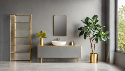Bathroom cabinet, gray and gold detailed walls, modern plant. Modern and minimalist design