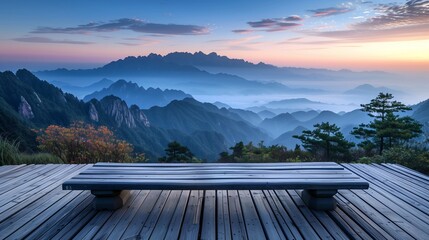 Wooden floor, large platform with a bench on top of a mountain