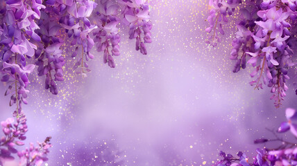 Wisteria flowers with glitter bokeh background. Copy space.	