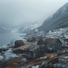 small wooden huts in a valley