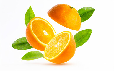 oranges with half slices orange falling or flying in the air with green leaves isolated on white background. Generative AI.