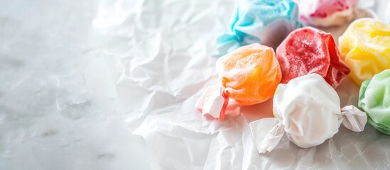 Colorful salt water taffy on a white backdrop with space for text. A close-up shot with a very blurry background.