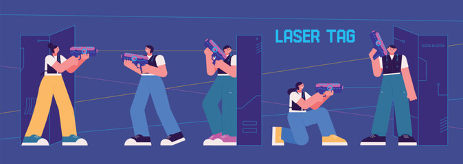 Laser tag indoor survival game. People are playing survival games with laser guns in an indoor game room. flat design style vector illustraiton. - 766717869