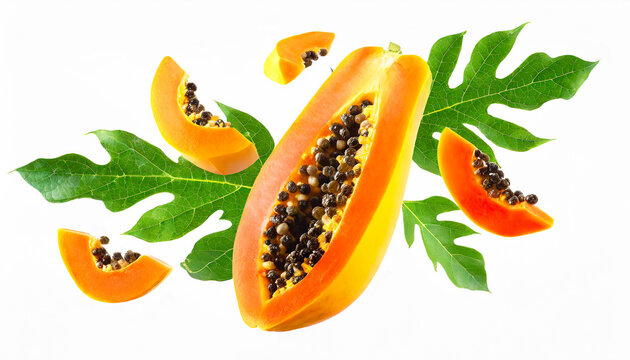 papaya with half slices papaya falling or flying in the air with green leaves isolated on white background. Generative AI