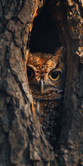 An owl hiding in a hole in a tree trunk