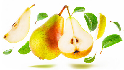 pears with half slices pear falling or flying in the air with green leaves isolated on white background. Generative AI.
