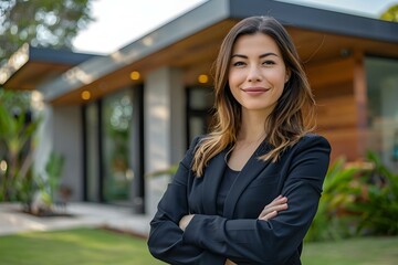 Confident real estate agent stands outside modern home ready to assist potential buyers with expertise and approachability. Concept Real Estate, Modern Home, Professional, Expertise, Approachable