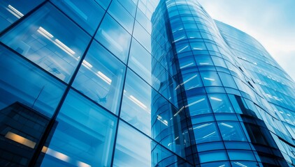 Fototapeta na wymiar Blue sky reflecting on a curved glass skyscraper