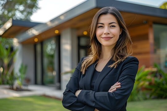 Confident real estate agent stands outside modern home ready to assist potential buyers with expertise and approachability. Concept Real Estate, Modern Home, Professional, Expertise, Approachable