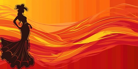 Dancer silhouette with flowing dress against a fiery backdrop, ideal for cultural themes.
