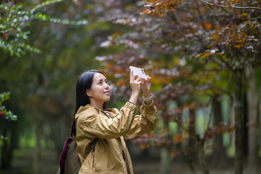 Hiking woman use cellphone to take photo in the forest