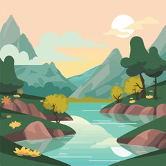 Fototapeta na wymiar Beautiful landscape scenery cartoon vector illustra