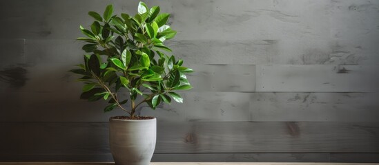 A houseplant in a flowerpot is displayed on a wooden table against a gray wall, bringing a touch of nature indoors