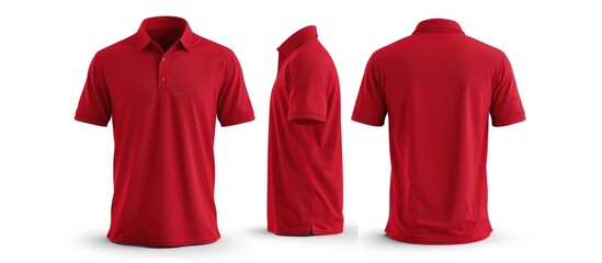 Mock up template of a blank collared shirt, presented in front and back views and isolated on a white background, along with a plain red t-shirt mockup for displaying polo tee designs for printing.