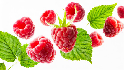 raspberries falling or flying in the air with green leaves isolated on white background. Generative AI - Powered by Adobe