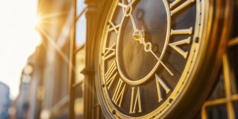 Fototapeta na wymiar Golden hour sunlight on an antique clock face in an urban setting.