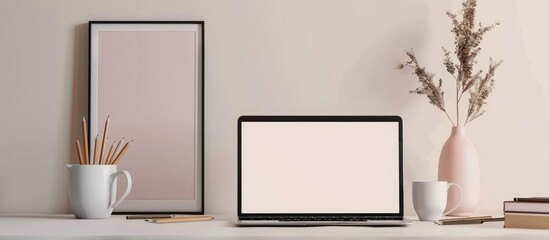 A modern workspace with a laptop showing a blank screen, a frame, pencils, a coffee cup, and a vase on a white table against a white wall background.