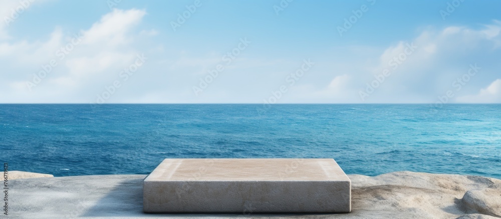 Poster rugged concrete block perched on a rough boulder overlooking the vast expanse of the ocean under a c