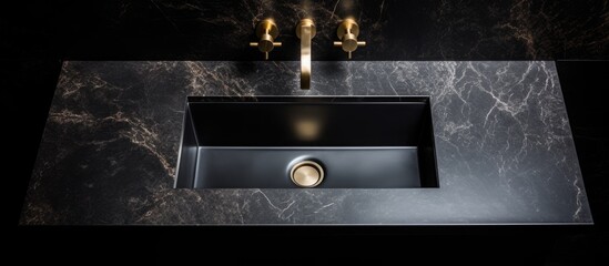 Sink with a sleek design featuring a polished black marble countertop in a modern kitchen setting