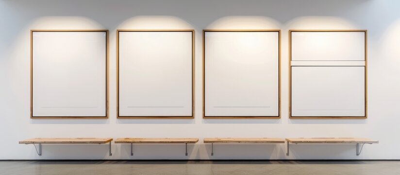 Six empty picture frames displayed on a white wall.