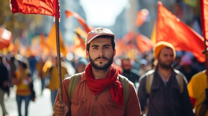 a man holding a red flag