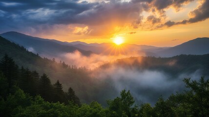 a beautiful sunrise in the smoky mountains, AI Generative