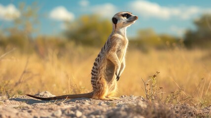 A curious meerkat is standing on its hind legs, scanning the horizon for any signs of danger or food, deep color, Blind box toys, AI Generative