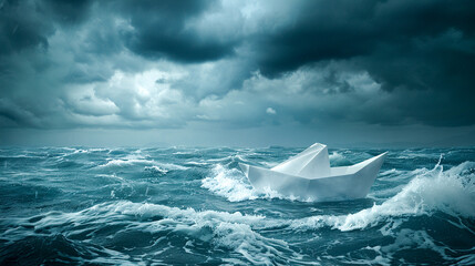 a paper boat adrift on a digital sea of stock market trends, navigating through waves of highs and...